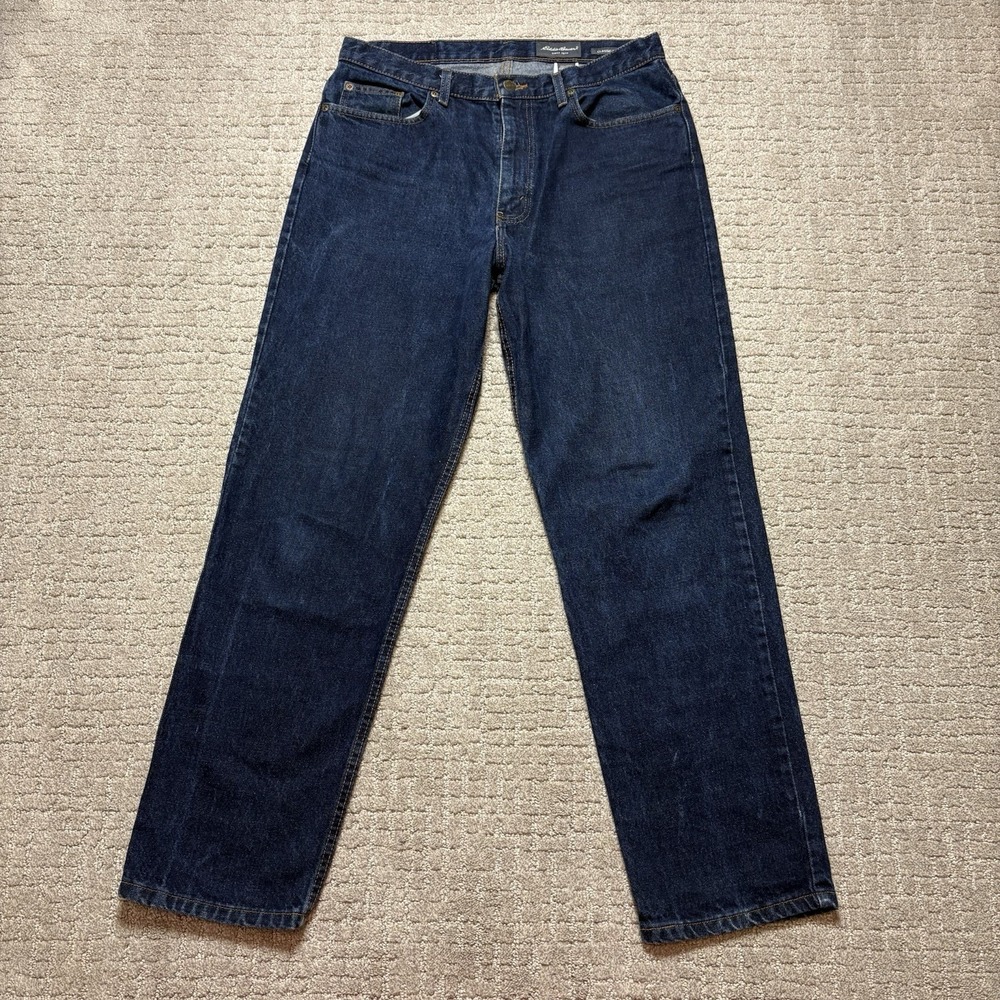 Eddie Bauer Jeans Men's Relaxed Fit Dark Blue Wash Denim 35x32 100% Cotton